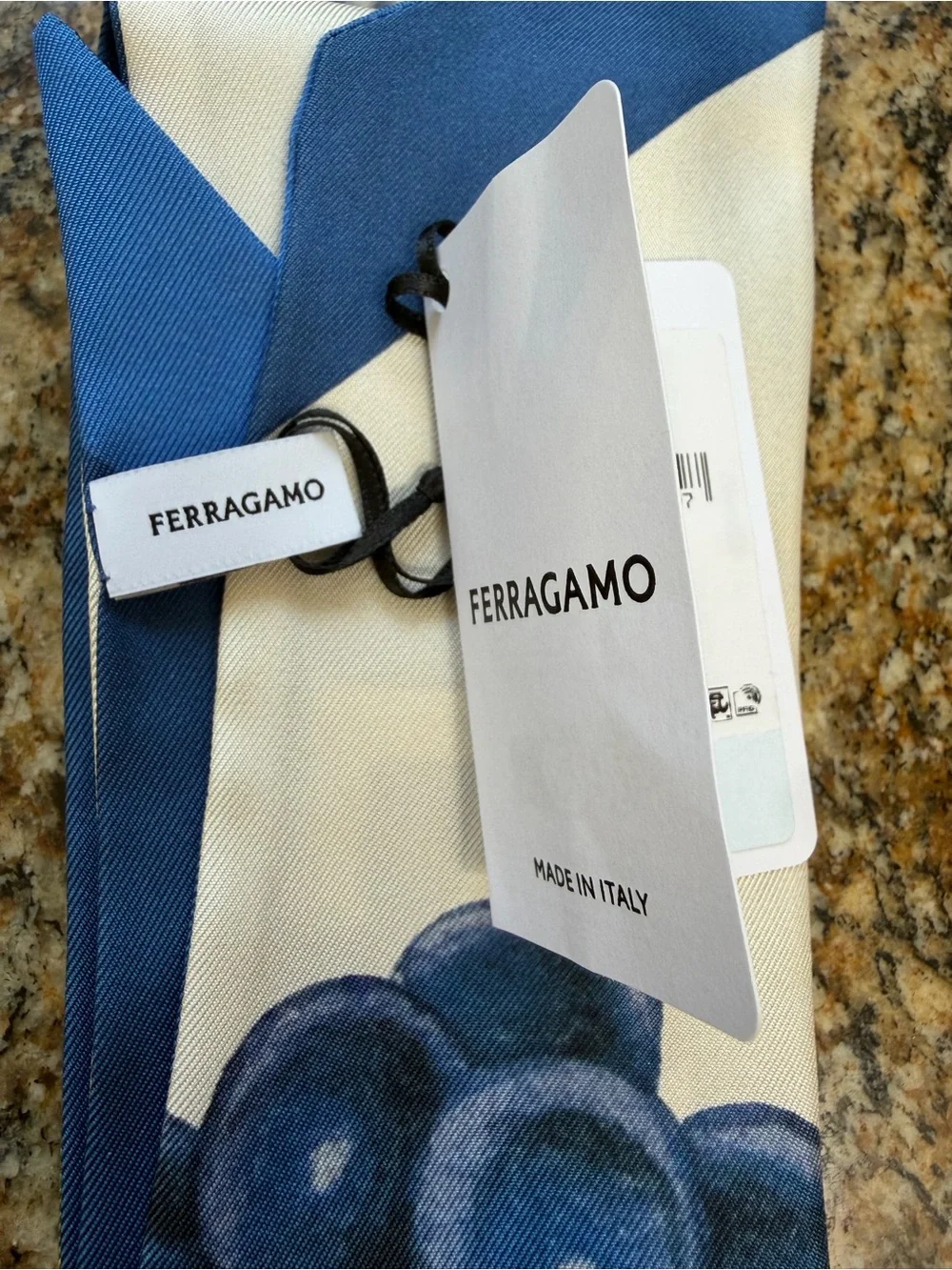 Brand New $270 Ferragamo Silk Skinny Scarf in Blue and Green